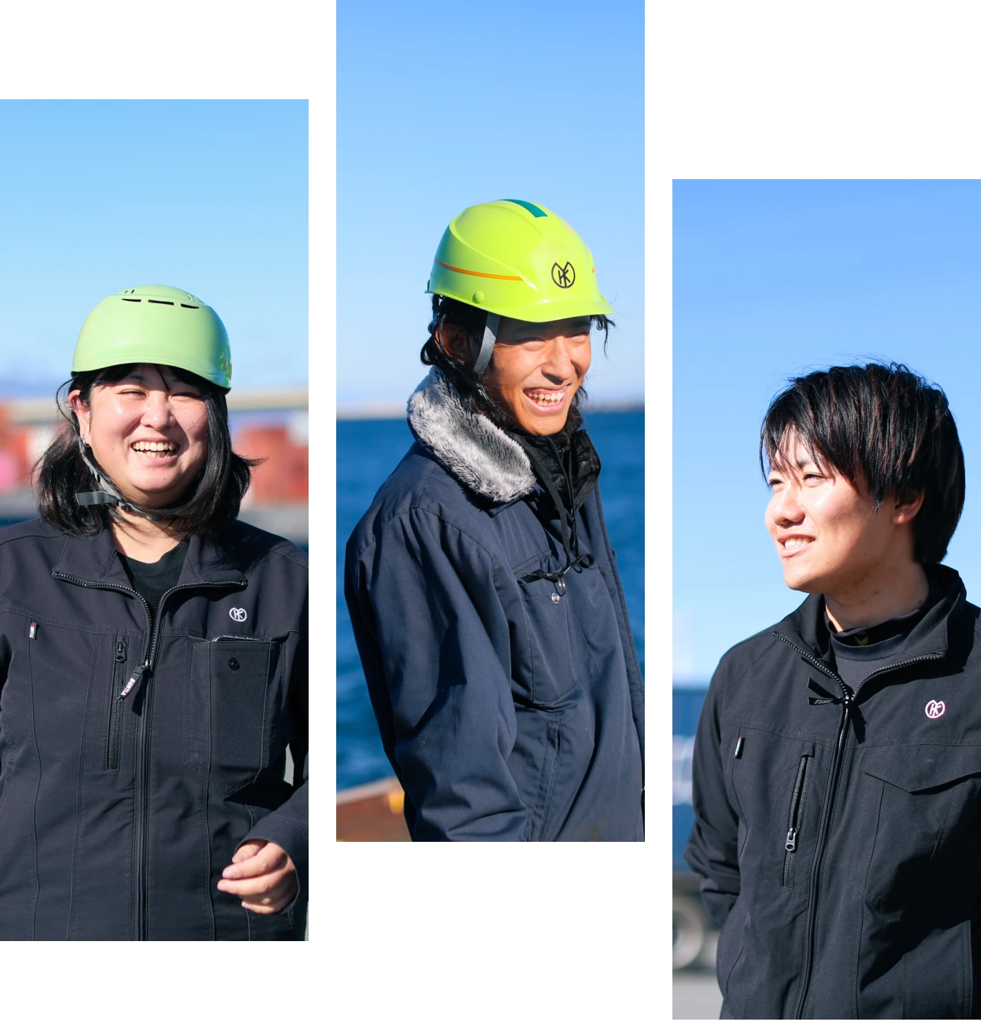 ヘルメット着用の作業員と作業服姿のスタッフ、オフィスで働く女性が並ぶイメージ